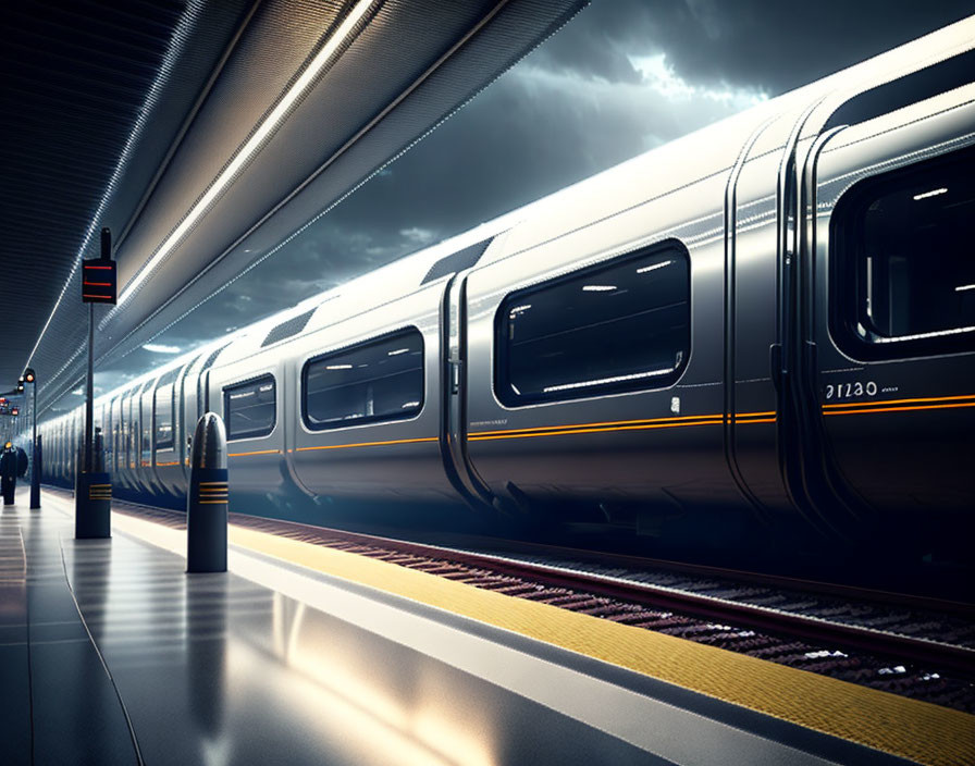 Futuristic train station platform with modern train and soft lighting