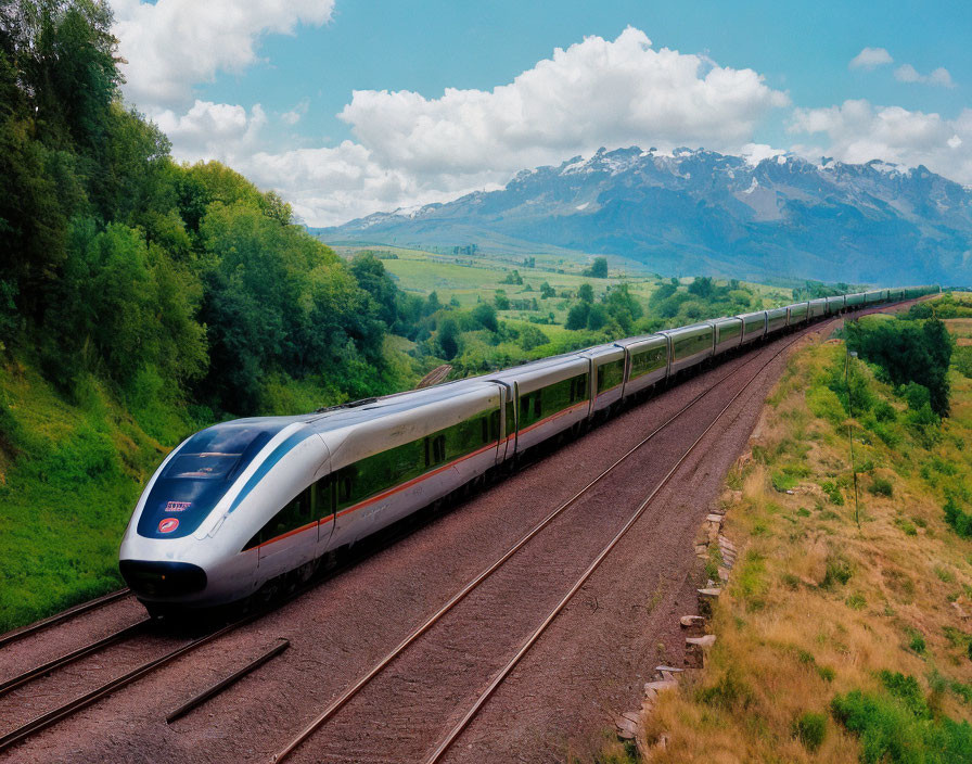 Modern train passing through lush greenery and snow-capped mountains