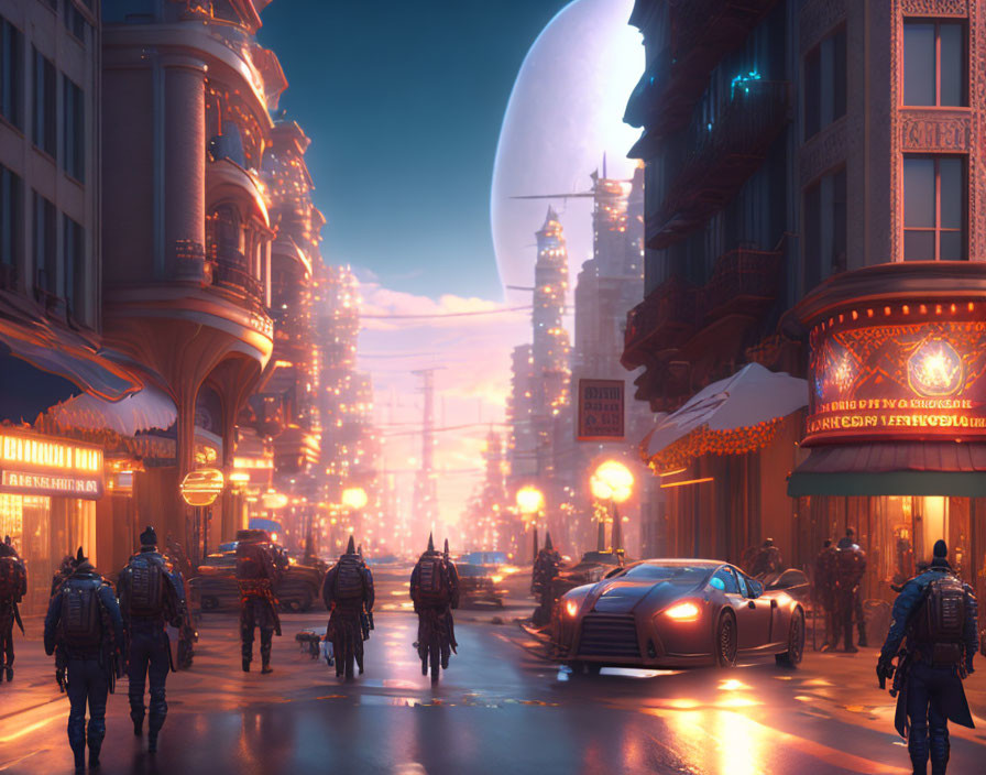 Futuristic cityscape at dusk with illuminated buildings, advanced vehicles, and large moon.