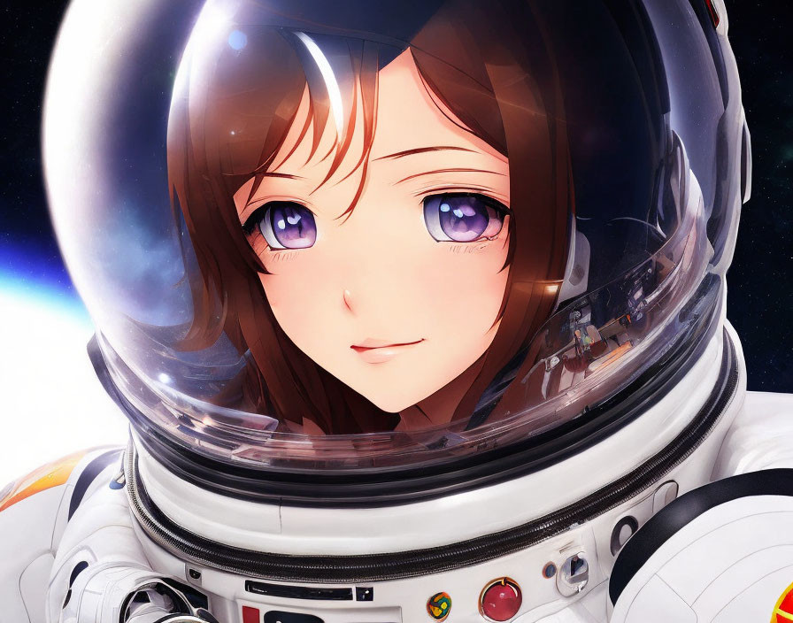 Detailed close-up illustration: expressive eyes in astronaut helmet among stars