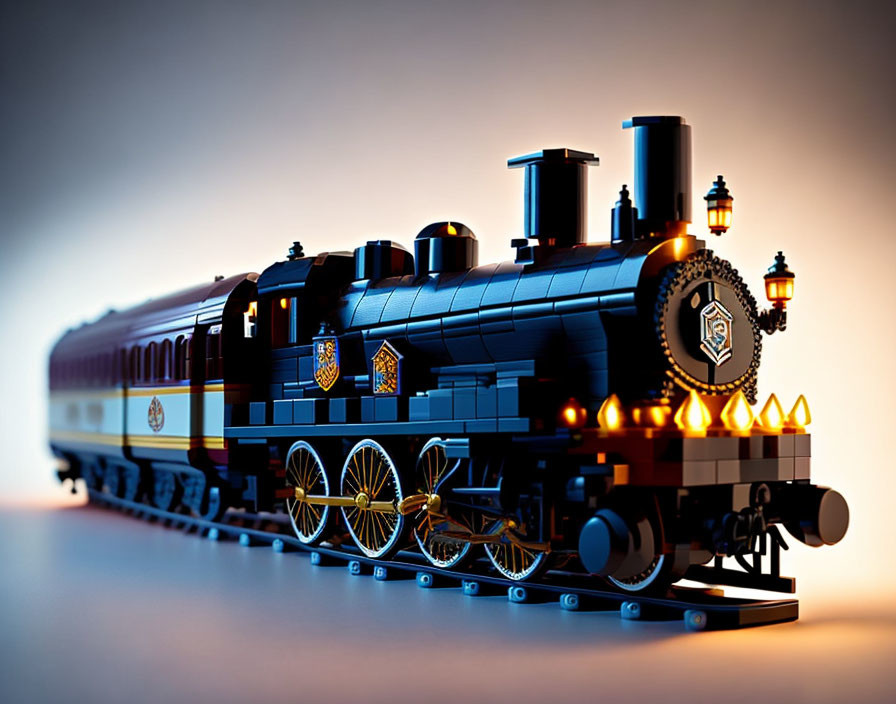 Detailed model of classic steam locomotive with ornate features and passenger car on tracks, warm glow.