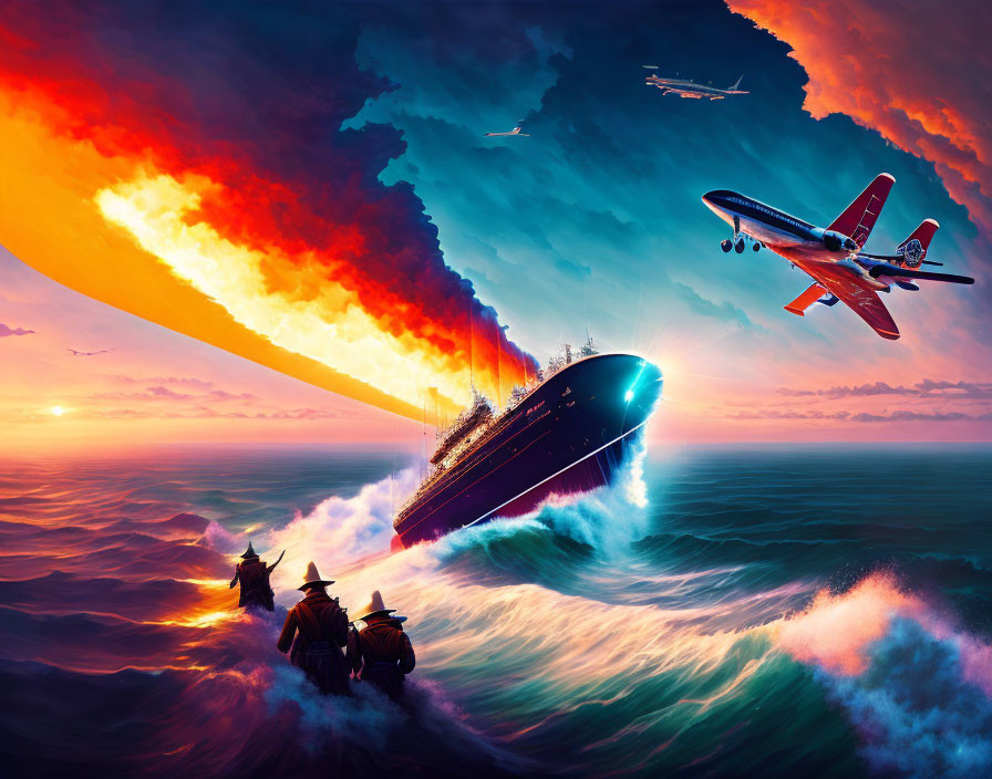 Colorful artwork: ship, planes, towering waves, fiery sky, day-night contrast