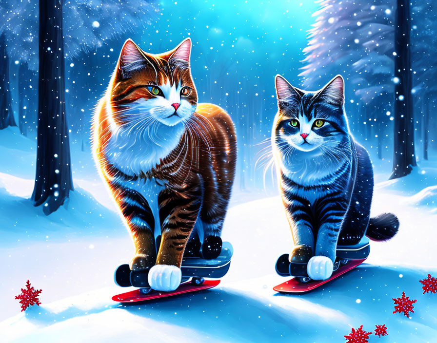 Vibrant fur pattern animated cats snowboarding in snowy landscape