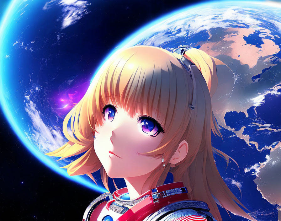 Blonde-Haired Anime Character in Space Suit Contemplating Earth View