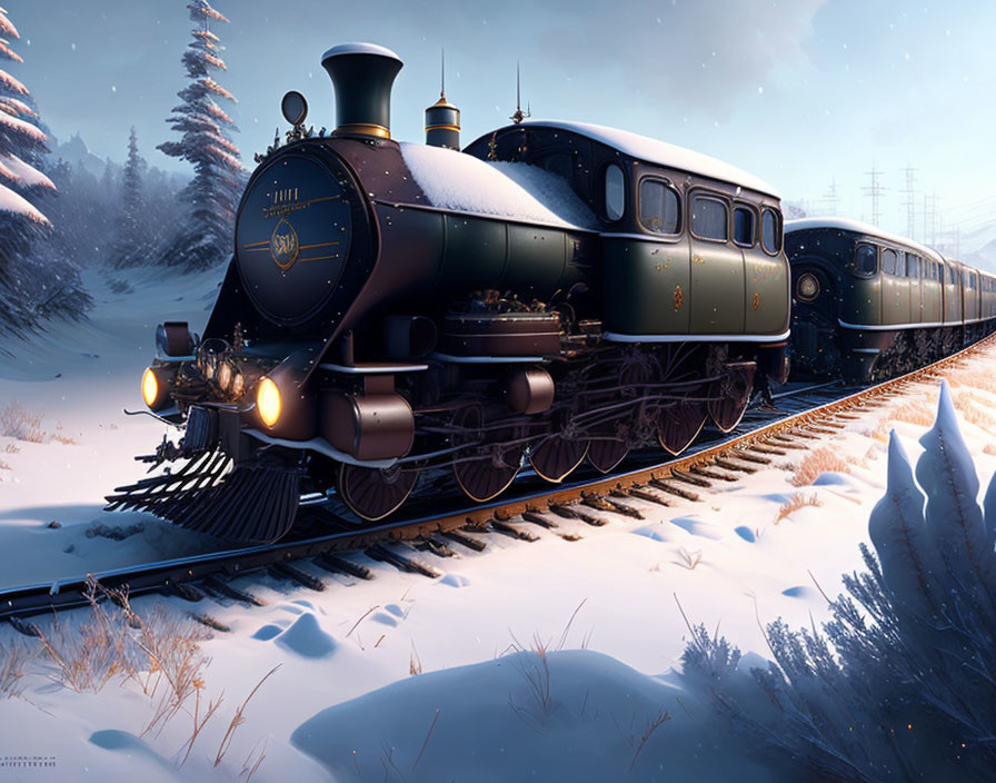 Vintage steam train travels through snowy forest at dusk