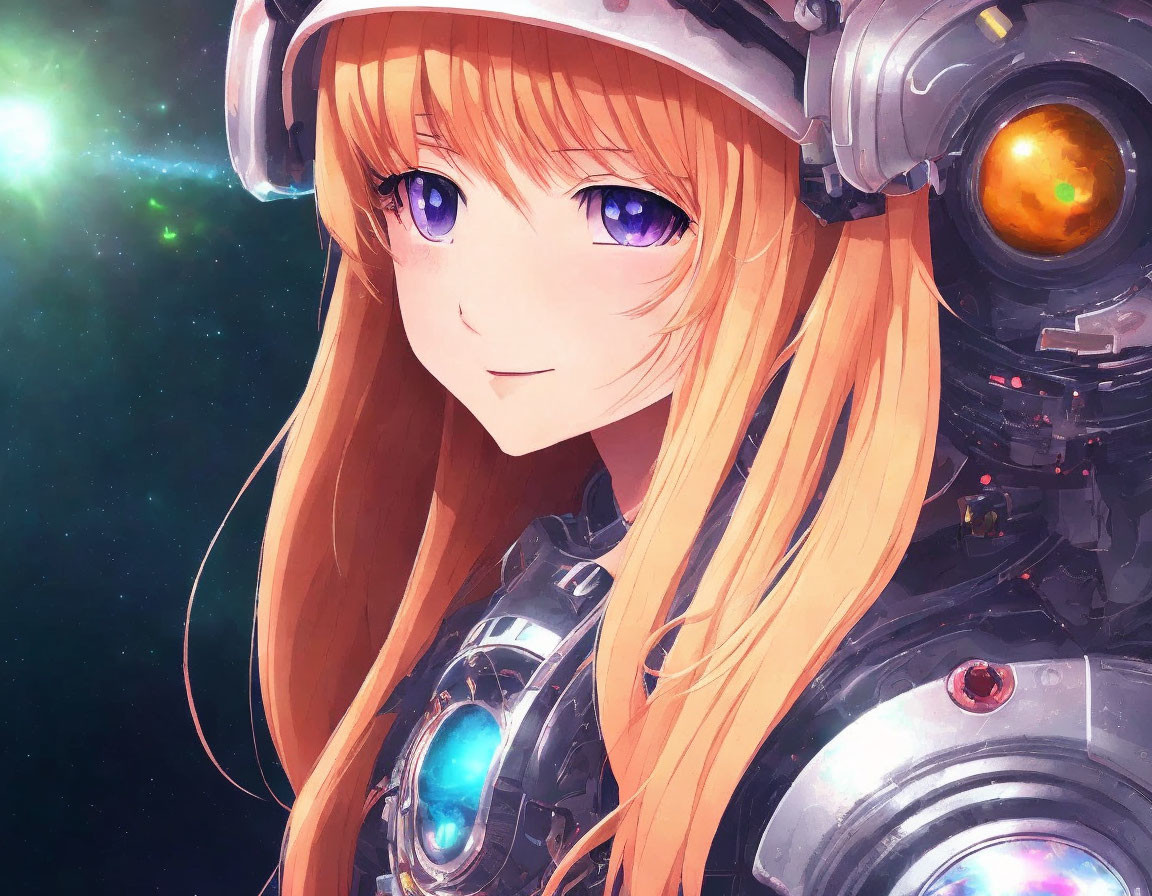 Blonde female character in astronaut helmet with purple eyes on starry space backdrop