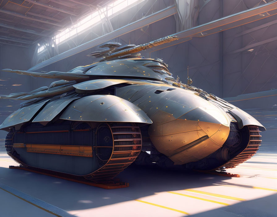 Futuristic spherical spaceship with metallic layers in illuminated hangar