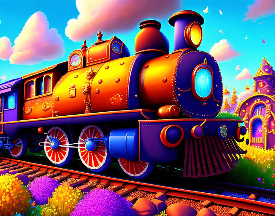 Colorful whimsical train illustration in vibrant landscape