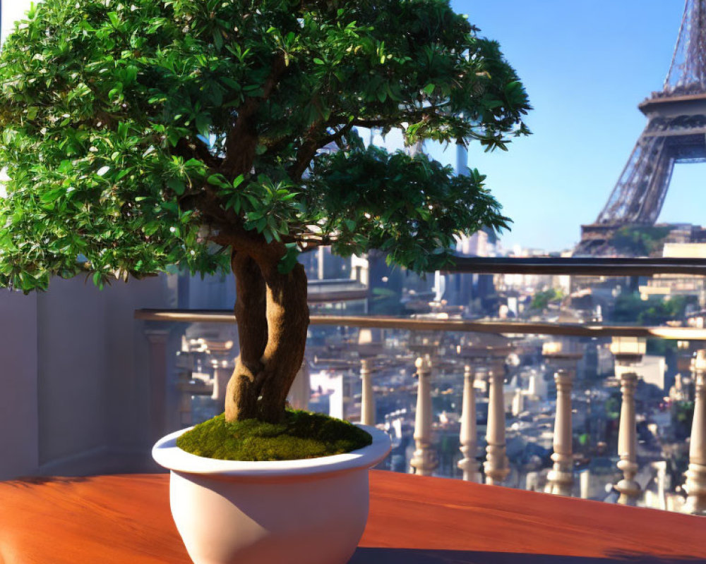 Bonsai tree with Eiffel Tower and cityscape backdrop