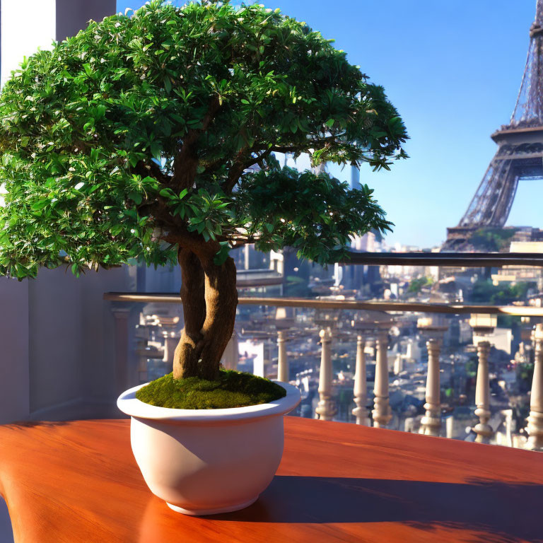 Bonsai tree with Eiffel Tower and cityscape backdrop