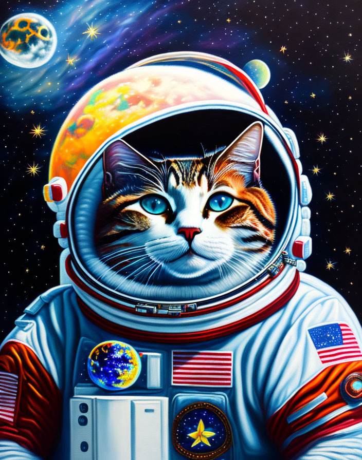 Colorful Cat Astronaut Artwork in Space with Planets and Stars