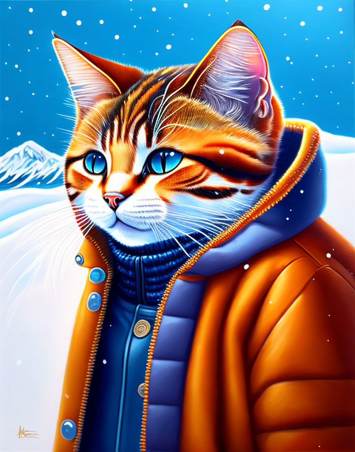 Colorful Cat in Orange Jacket Winter Scene Illustration