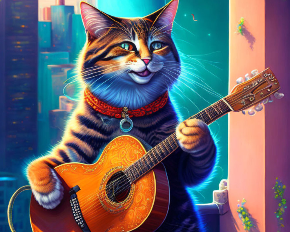 Anthropomorphic cat playing guitar on balcony at sunset