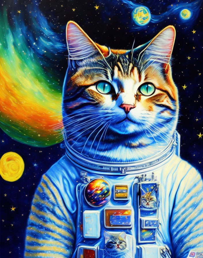 Colorful cat in spacesuit with green eyes on vibrant cosmic background