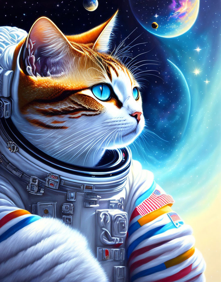 Orange and White Cat in Astronaut Suit with Blue Eyes in Space Artwork