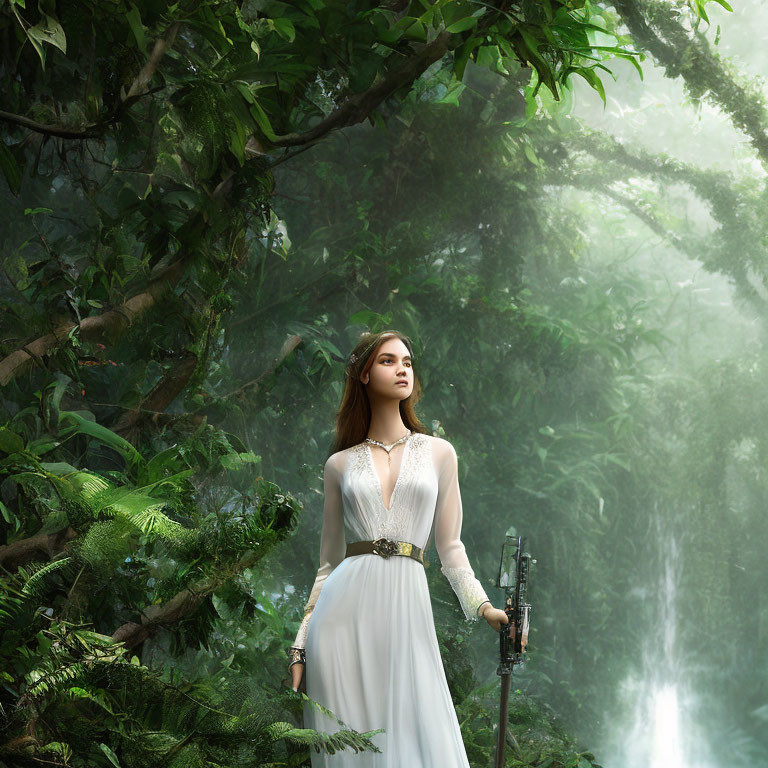 Woman in White Dress with Sword in Verdant Forest