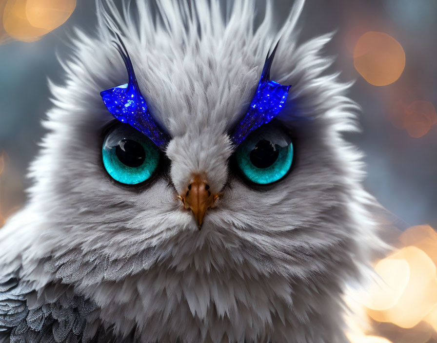 White Owl with Turquoise Eyes and Glittery Blue Eyebrows on Bokeh Background