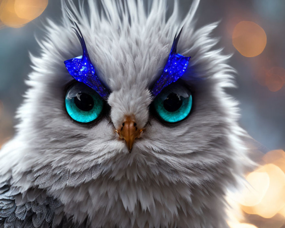 White Owl with Turquoise Eyes and Glittery Blue Eyebrows on Bokeh Background