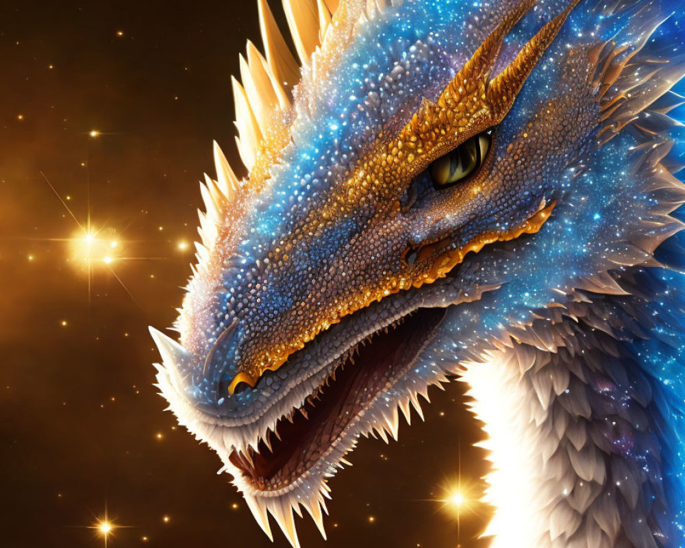 Vividly Colored Dragon with Blue Scales on Starry Background