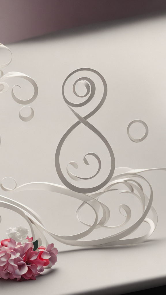 Monochromatic Floral Design Card with Swirl Patterns and Pink Flower