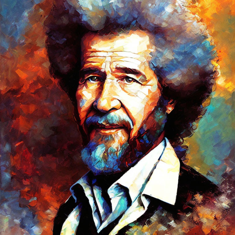 Vibrant abstract portrait of a man with afro and beard in warm & cool hues