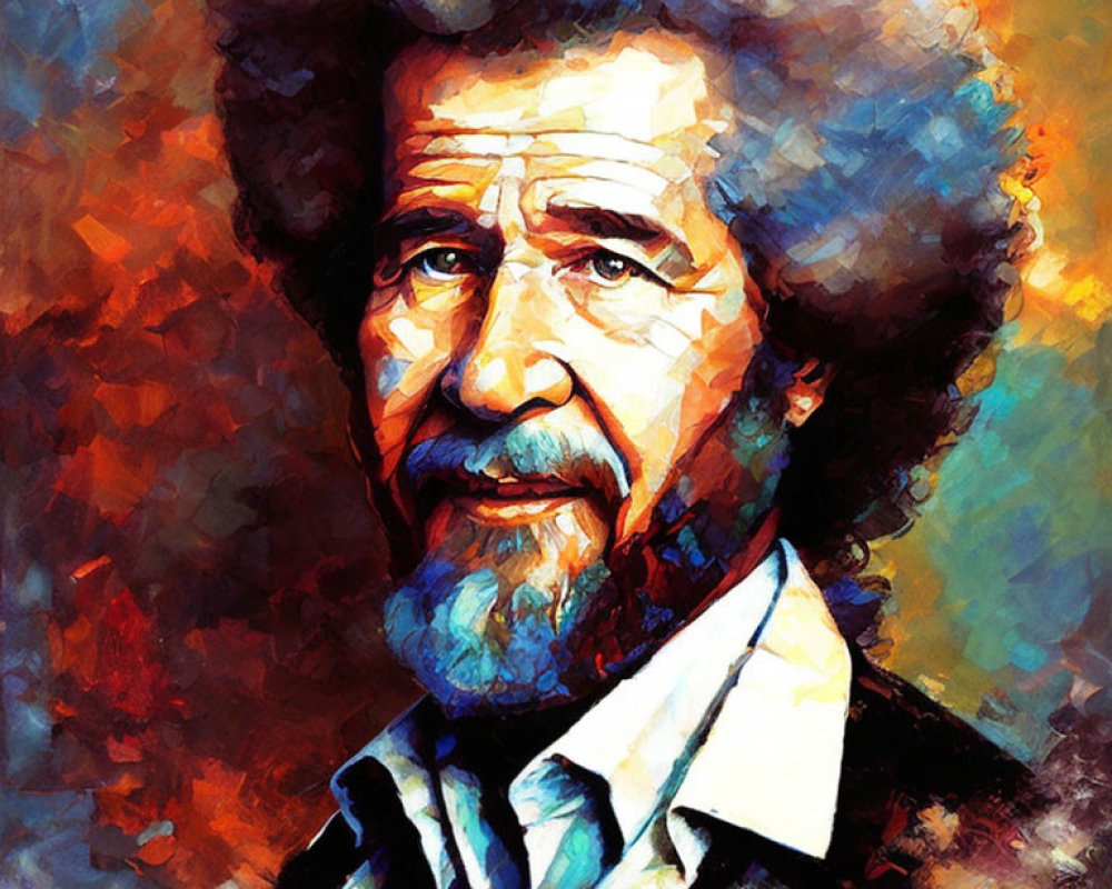 Vibrant abstract portrait of a man with afro and beard in warm & cool hues