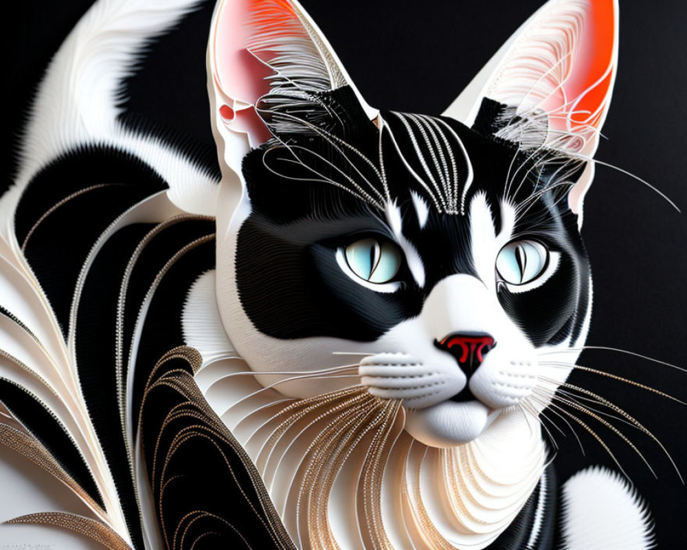 Stylized black and white cat with intricate patterns on dark background