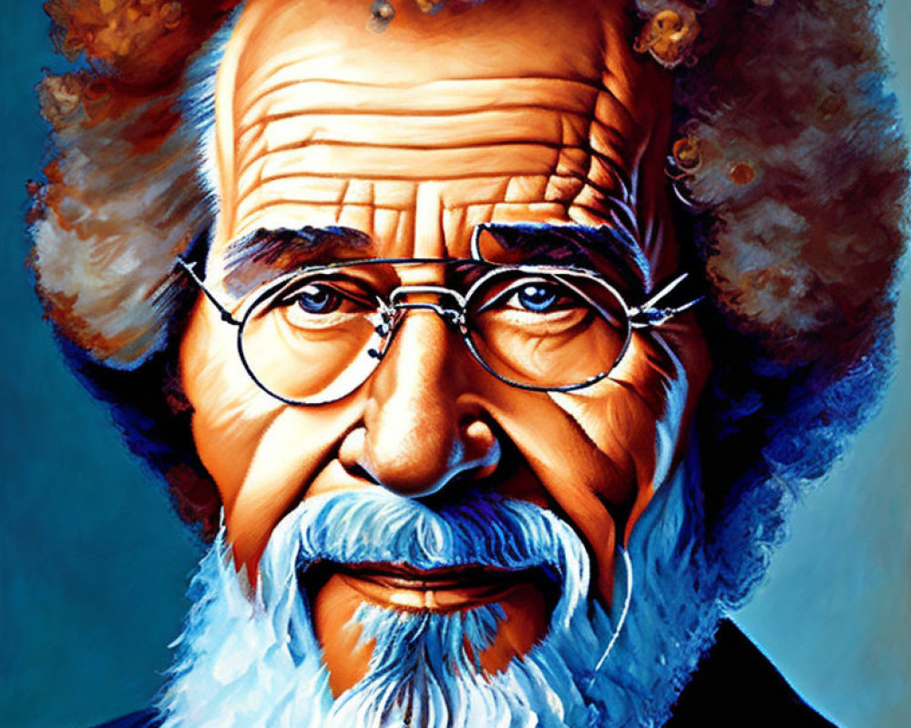 Colorful portrait of man with curly beard, glasses, and military-style outfit.