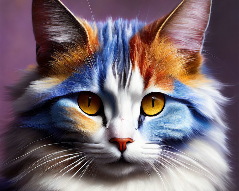 Colorful Cat with Orange, White, Blue Fur on Purple Background