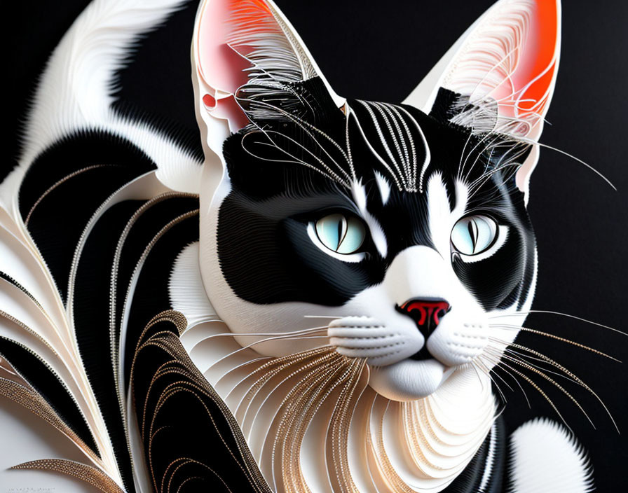 Stylized black and white cat with intricate patterns on dark background