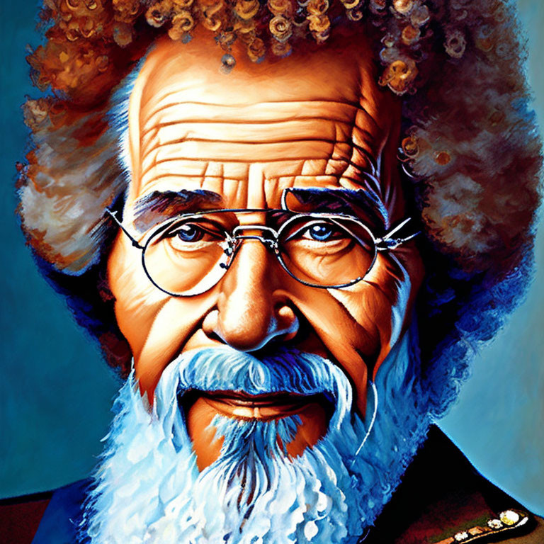 Colorful portrait of man with curly beard, glasses, and military-style outfit.