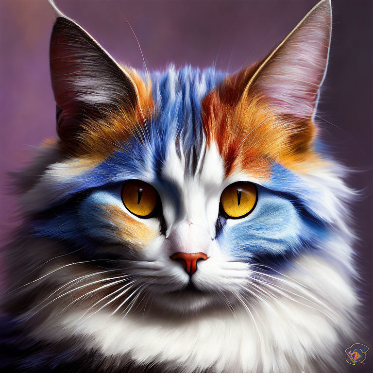 Colorful Cat with Orange, White, Blue Fur on Purple Background