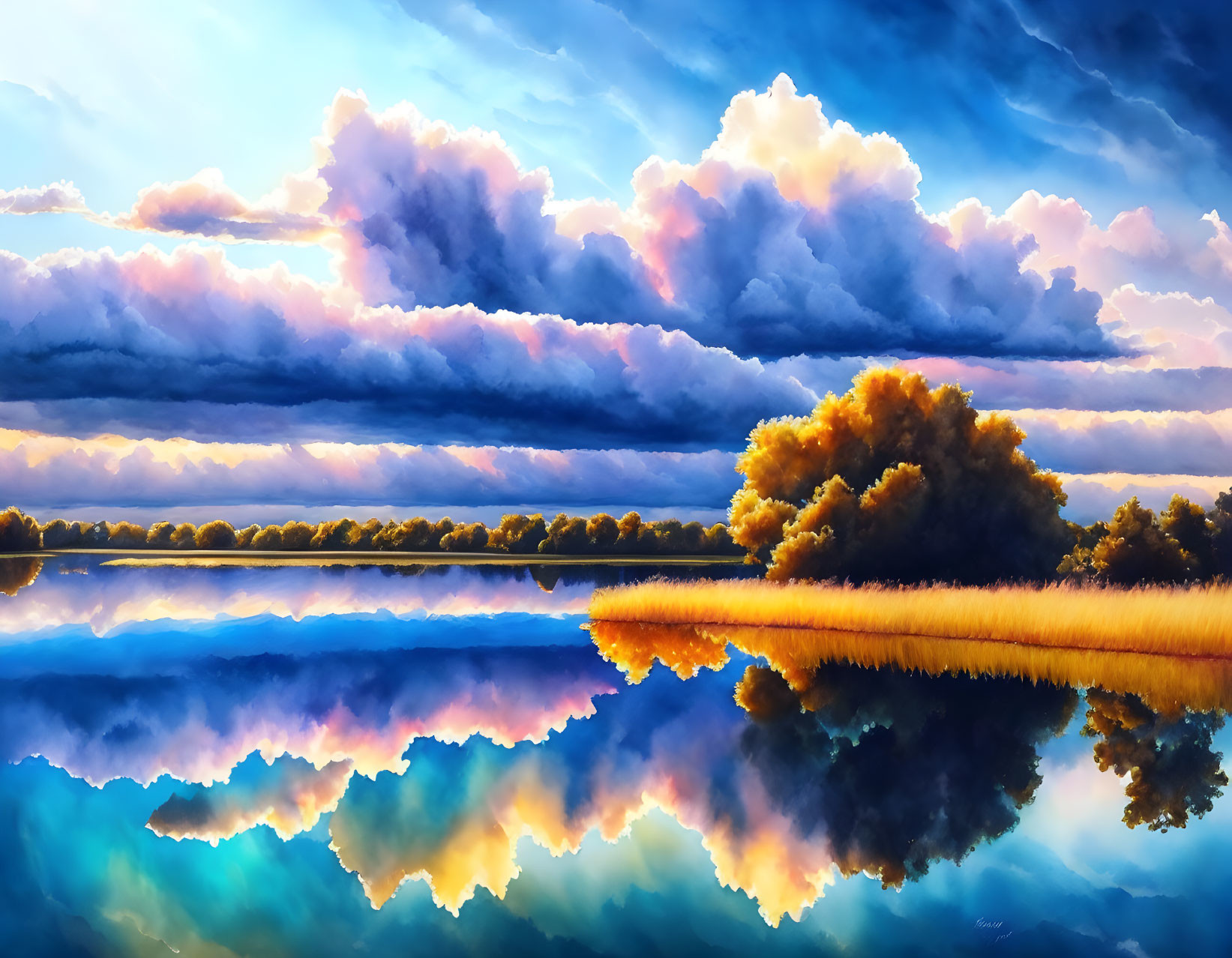 Tranquil lake landscape with reflective water and colorful sky