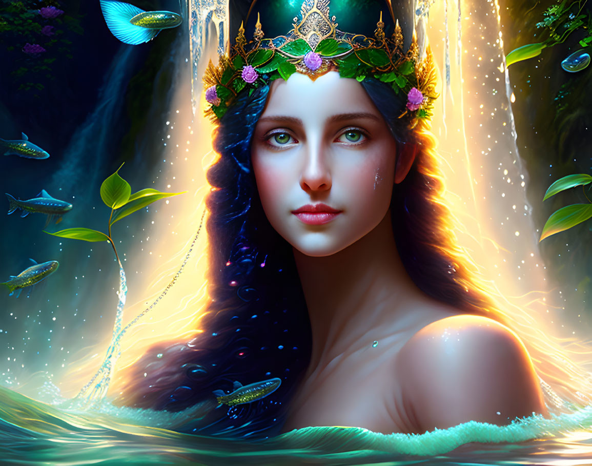 Fantasy portrait of woman with crown, glowing fish, foliage, waterfalls