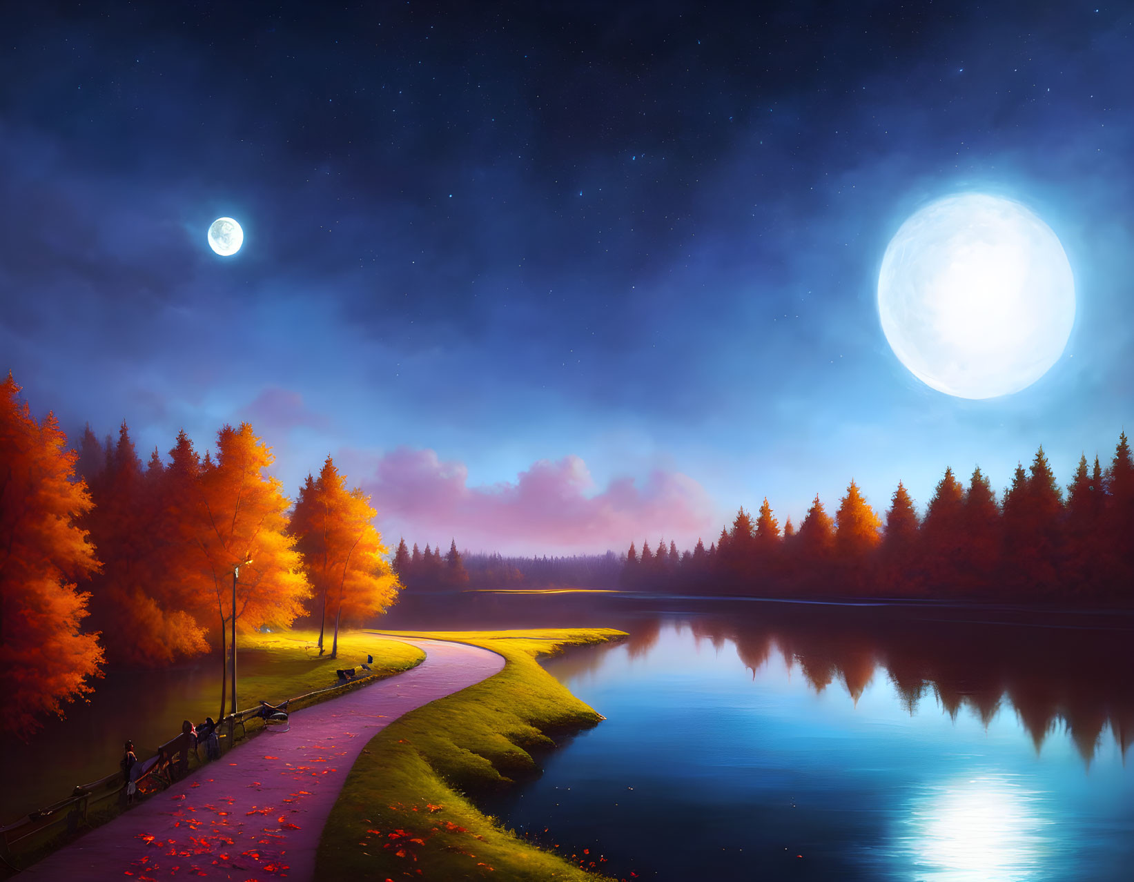 Digital artwork of lakeside path with autumn trees under starry sky