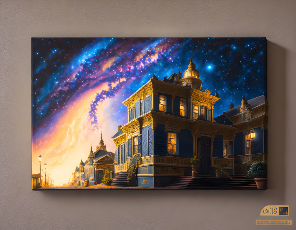 Surreal canvas print of vintage buildings under starry sky