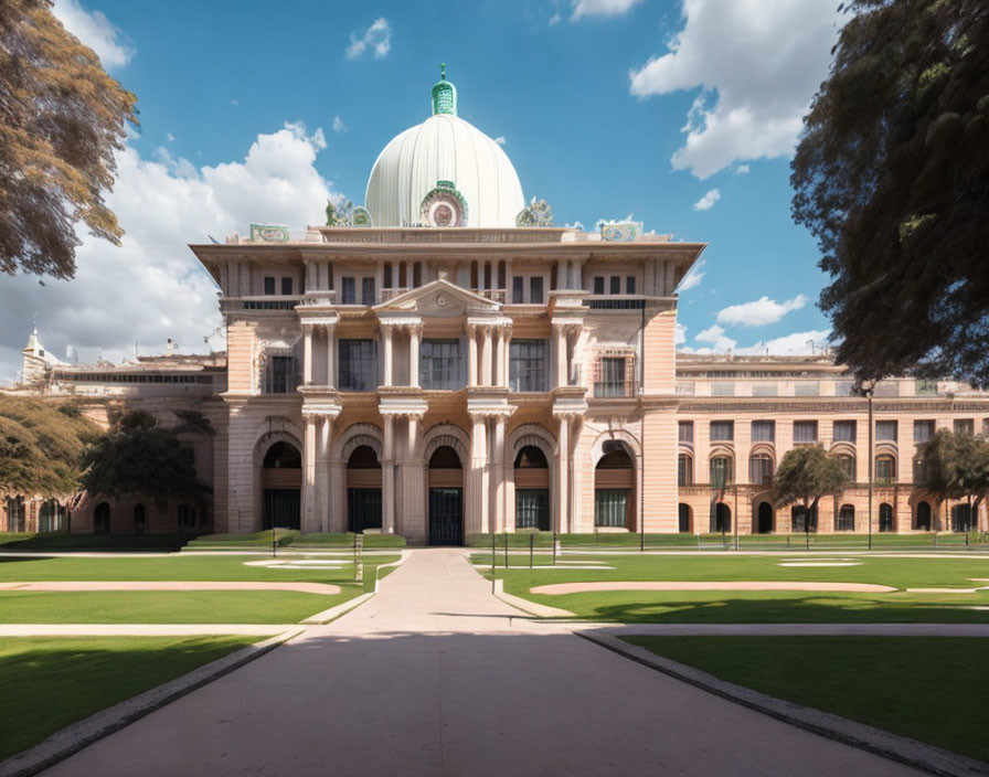 Neoclassical building with green dome, grand columns, and lawn