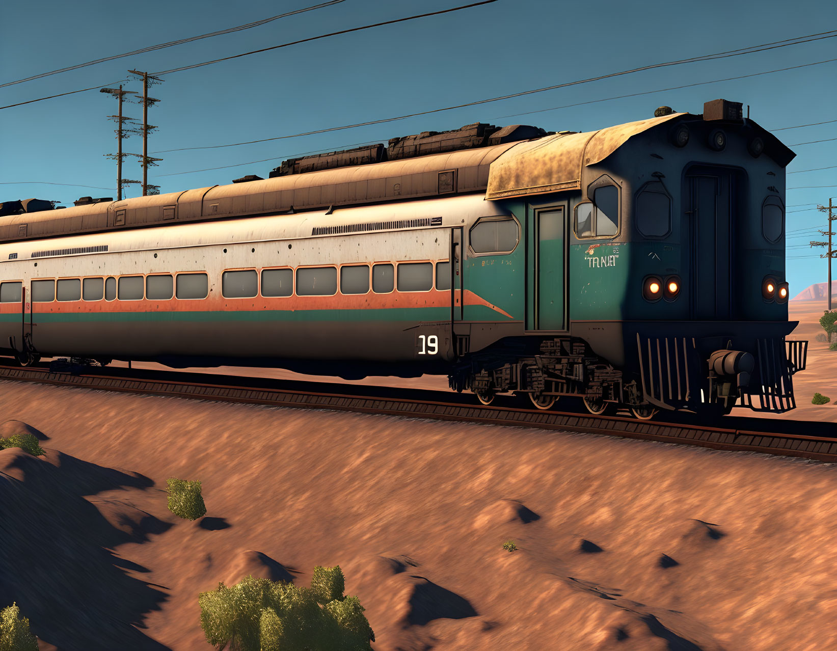 Blue and Cream Passenger Train in Desert Landscape