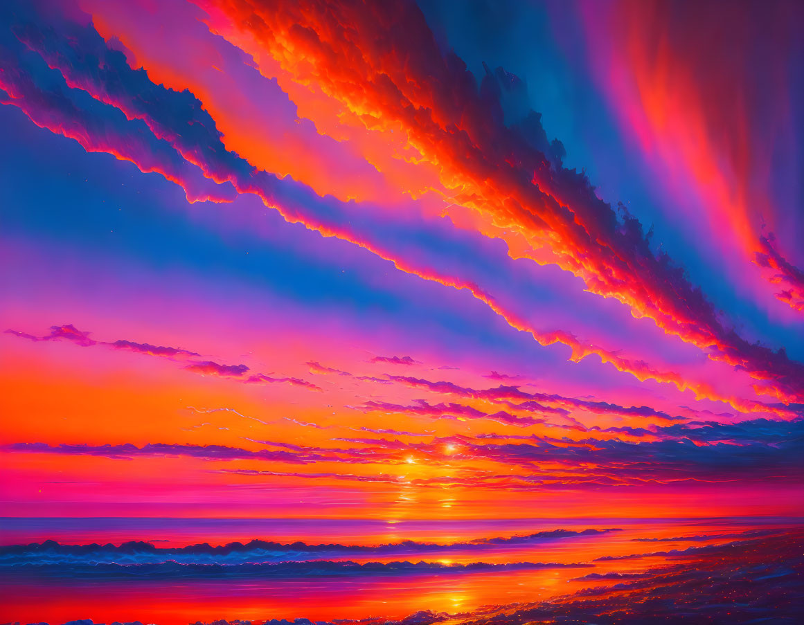 Vibrant sunset with red and purple clouds over teal sky and calm water