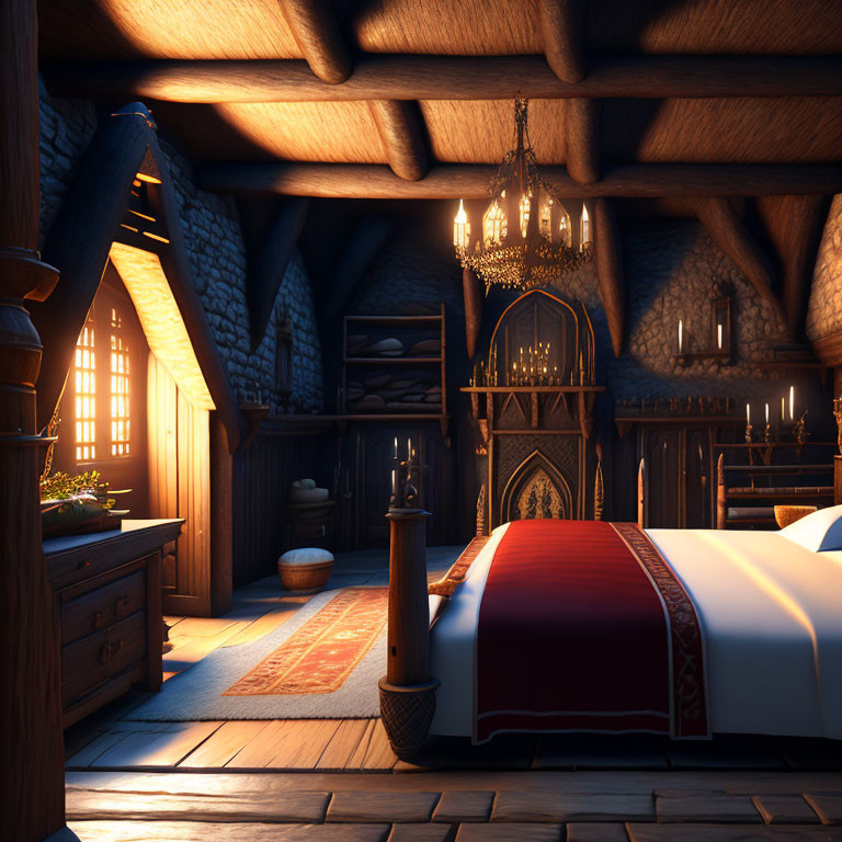 Medieval-style bedroom with large bed, ornate furniture, warm candlelight, and wooden ceiling