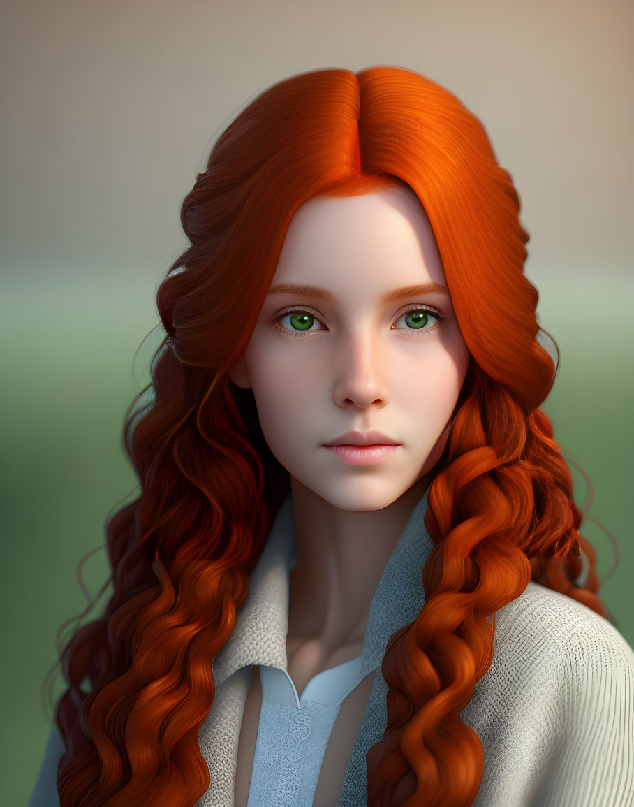 Digital portrait of woman with red hair, green eyes, fair skin, white shirt, soft-focus background