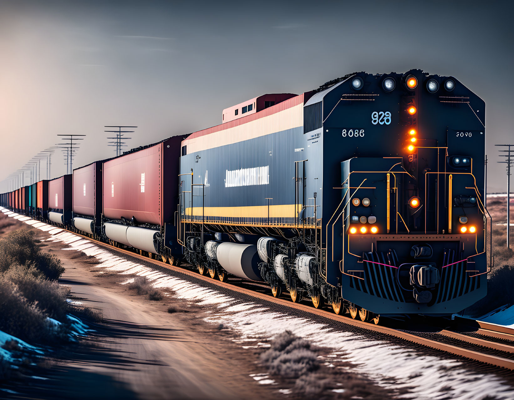 Freight train with containers in desert landscape at dusk