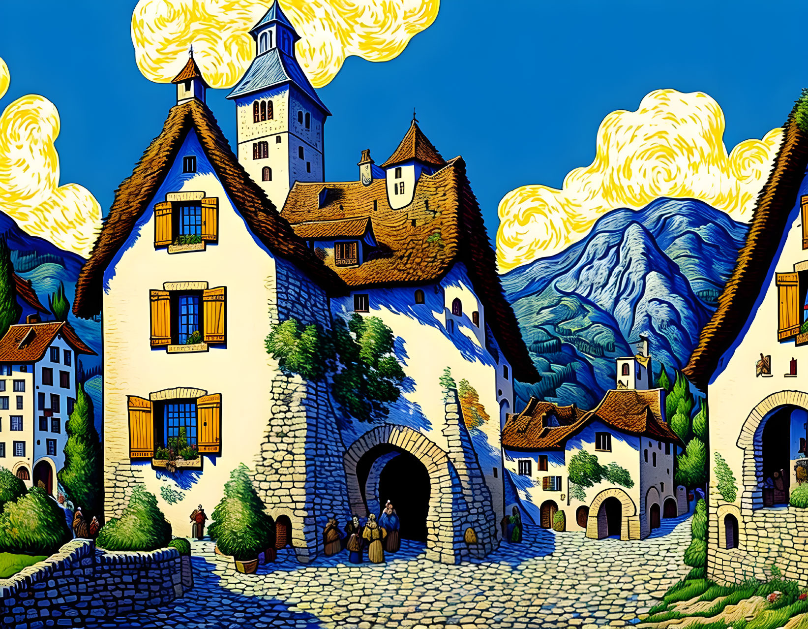 Detailed Medieval European Village Illustration with Castle & Mountains