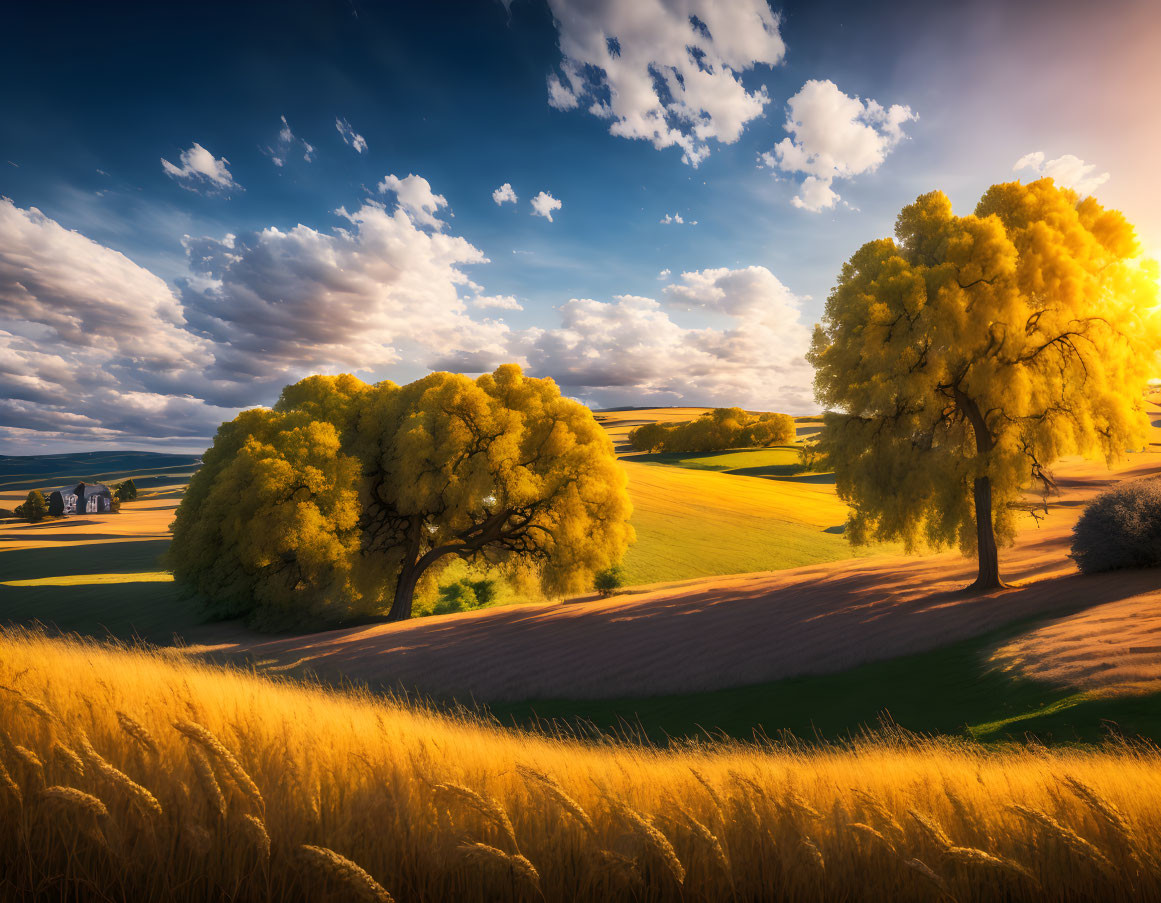 Vivid sunset illuminates rolling hills and lush trees in picturesque scenery