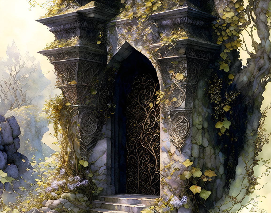 Stone archway with vines and yellow foliage leading to mysterious ironwork door in mystical forest.