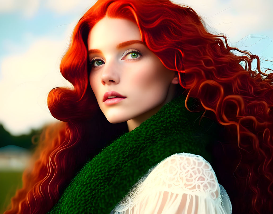 Digital artwork: Woman with red curly hair, green eyes, white lace top.