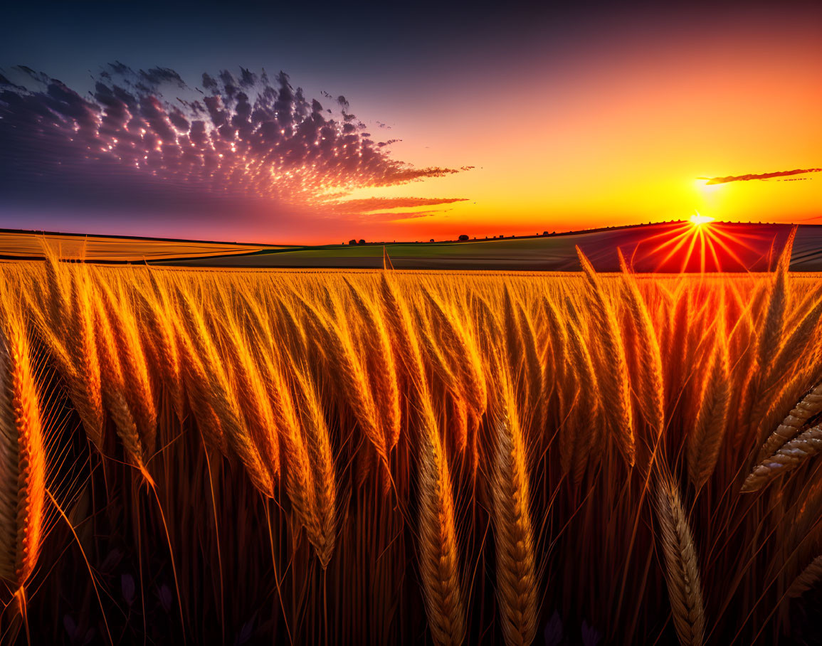 Vibrant sunset over golden wheat field