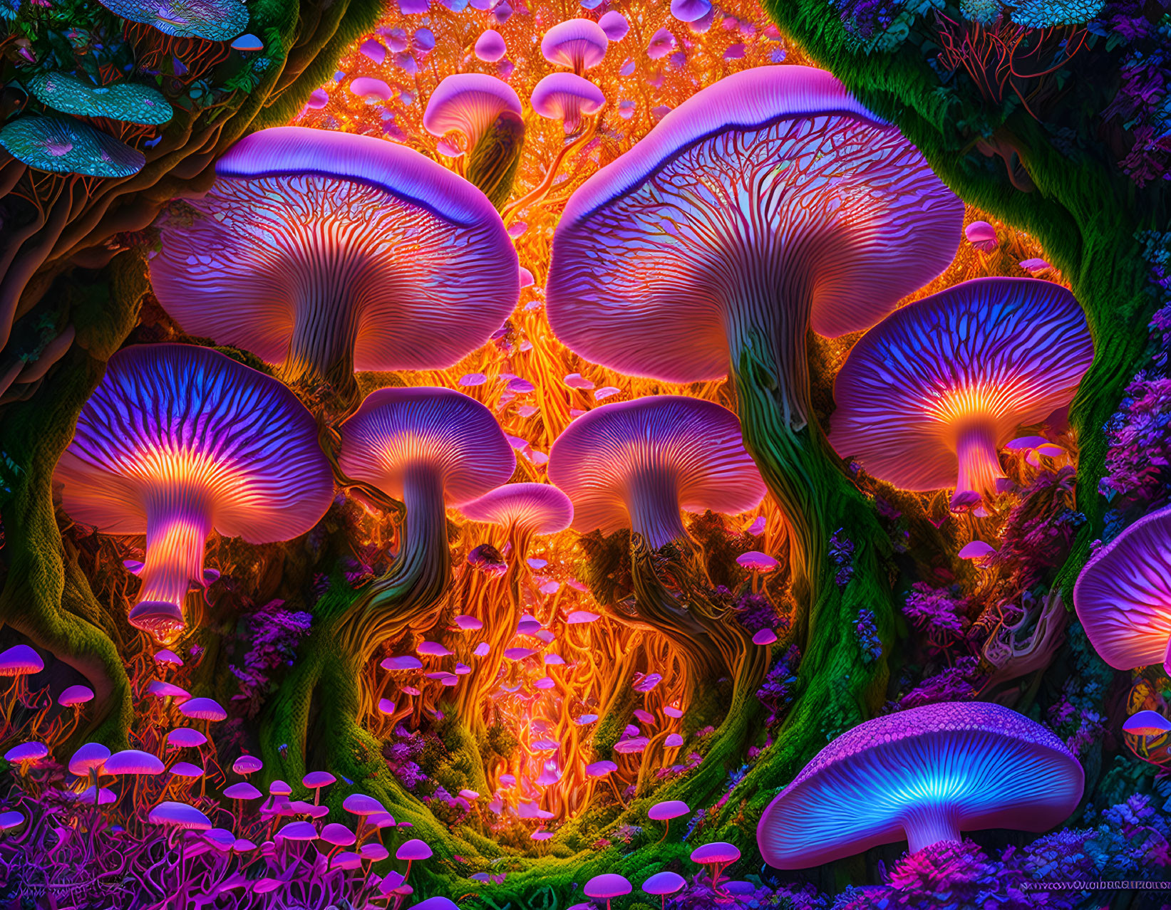 Colorful digital artwork of oversized luminescent mushrooms in a fantastical forest