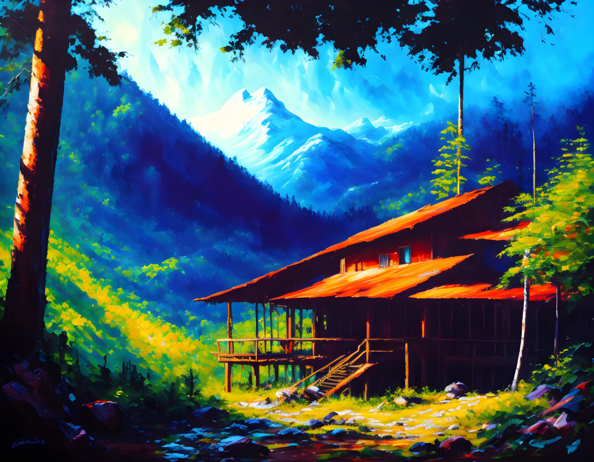 Scenic painting of wooden cabin in forest clearing