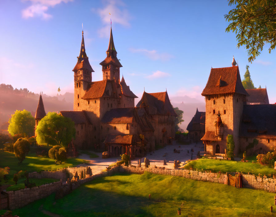 Picturesque medieval village at sunrise with cobblestone paths & warm sunlight